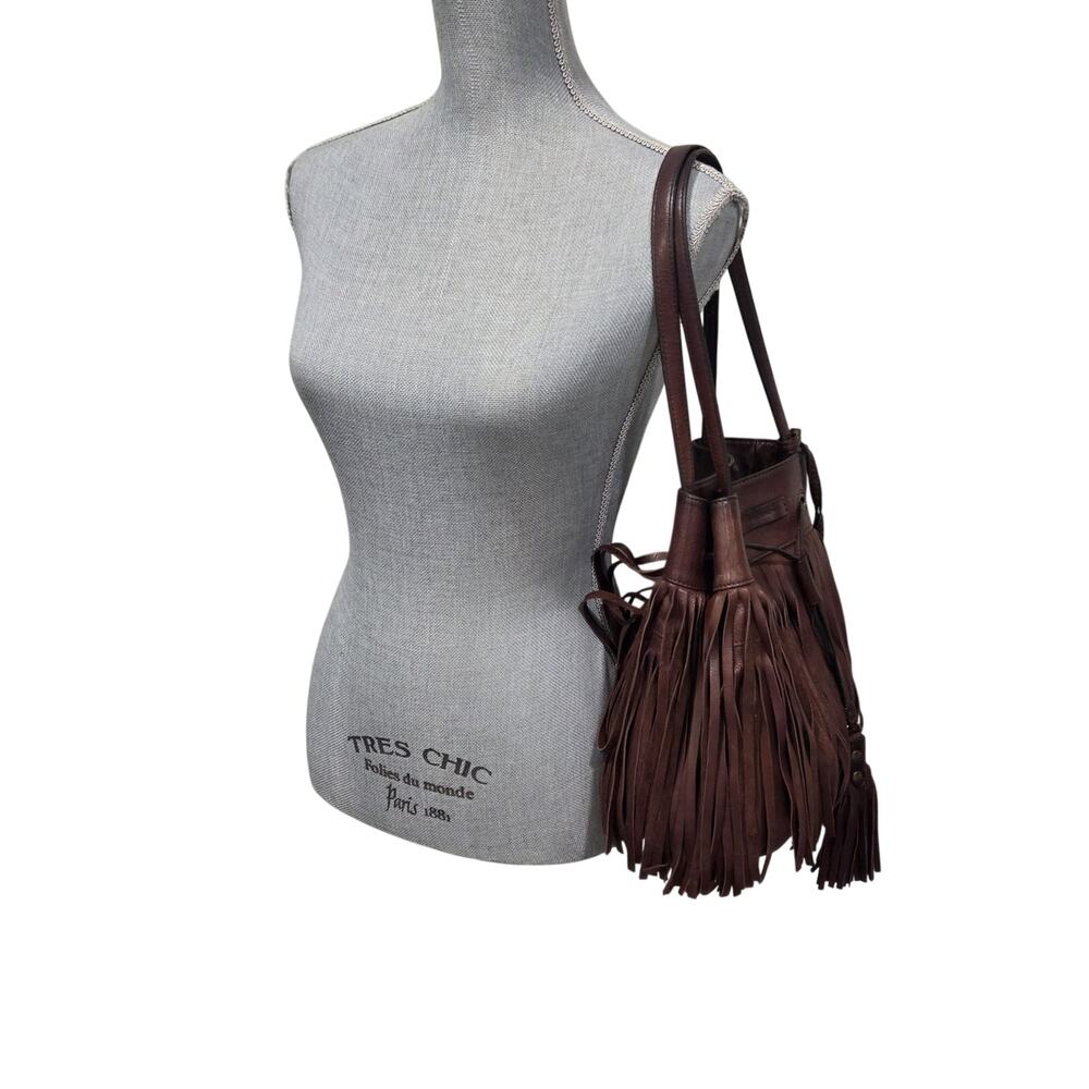 Frye Fringe Leather Hobo Bucket Bag | Boho Western Brown Tassel Purse - Picture 4 of 16